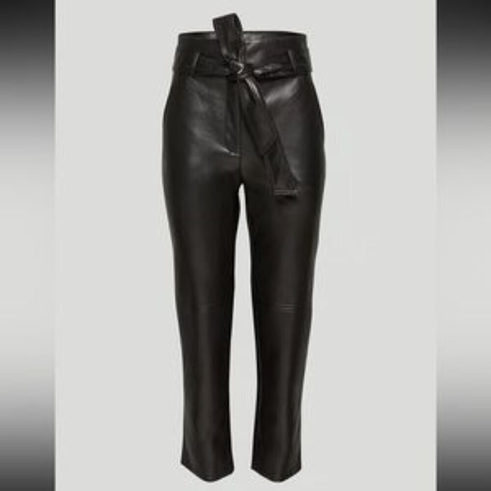 Wilfred Women belted black vegan leather straight leg pants sz 2 high waist